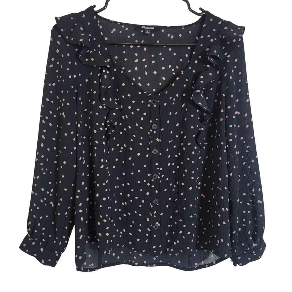 Madewell Black Pink Polka Dot Ruffle Button Front Blouse Small CKP452185377